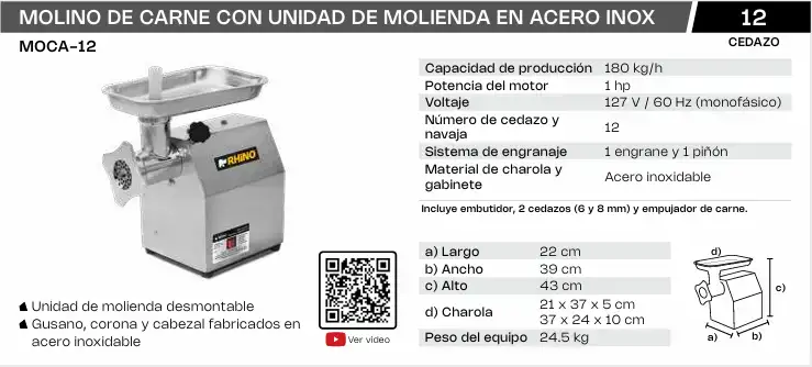 molino de carne con unidad de molienda en acero inoxidable
